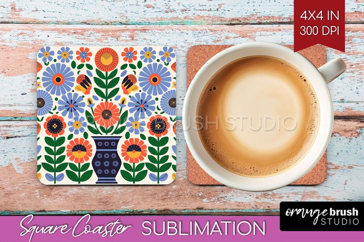 Folk Flowers Square Coaster - Floral Folk Coaster PNG example image 1