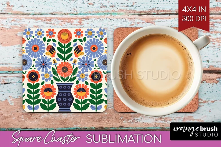 Folk Flowers Square Coaster - Floral Folk Coaster PNG