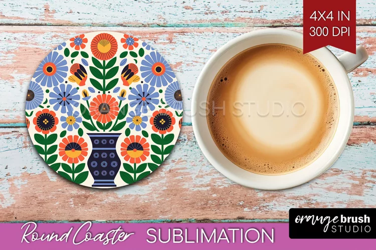 Folk Flowers Round Coaster - Floral Folk Coaster PNG
