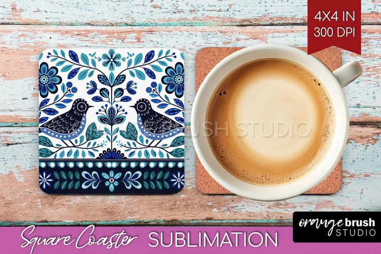 Folk Flowers Square Coaster - Floral Folk Coaster PNG