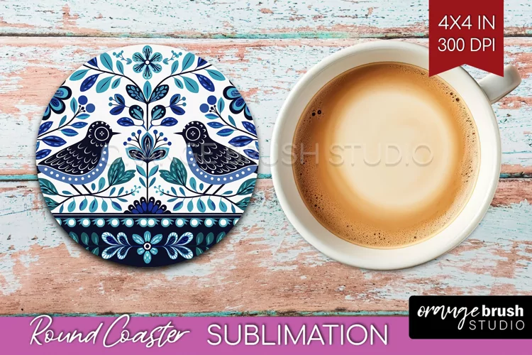 Folk Flowers Round Coaster - Floral Folk Coaster PNG