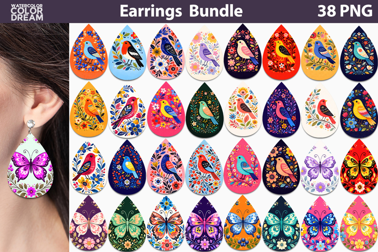 Folk Bird And Butterfly Floral Teardrop Earrings Bundle
