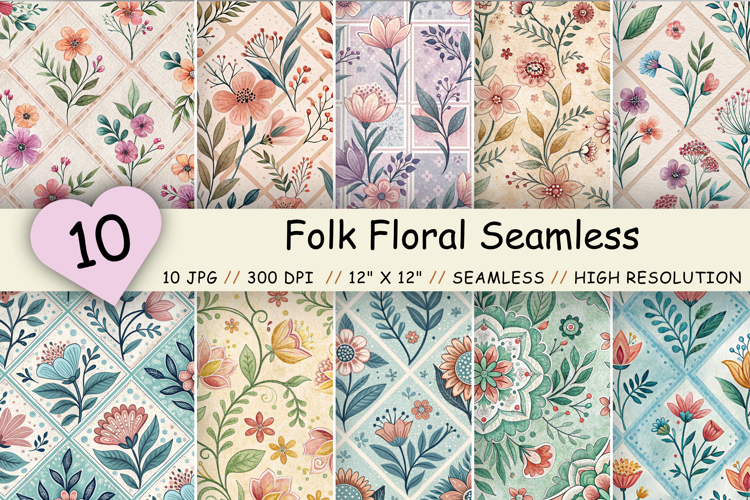 Folk Floral Seamless Patterns Bundle, Pastel Decorative Folk