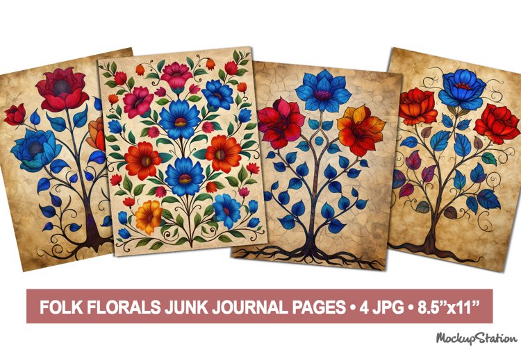 Vintage Folk Art Flowers Junk Journal Pages | Backgrounds example image 1