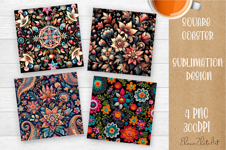 Folk flowers tile Coaster Design, Summer Coaster