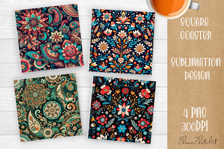 Folk flowers tile Coaster Design, Summer Coaster example image 1