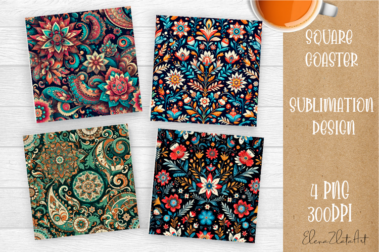 Folk flowers tile Coaster Design, Summer Coaster