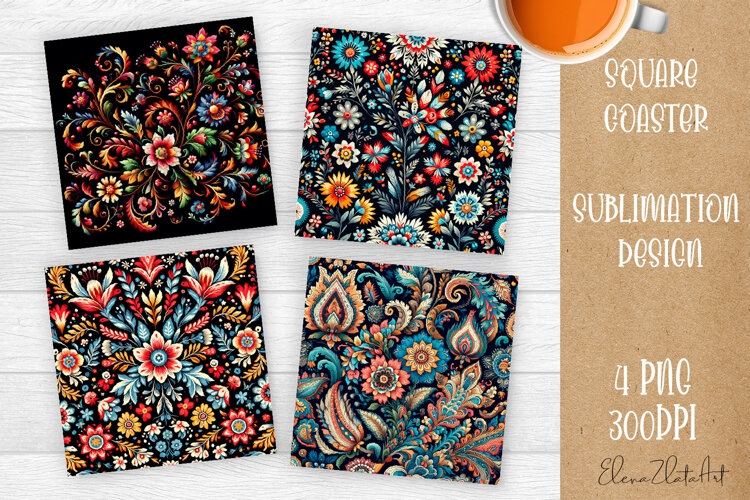 Folk flowers tile Coaster Design, Summer Coaster example image 1