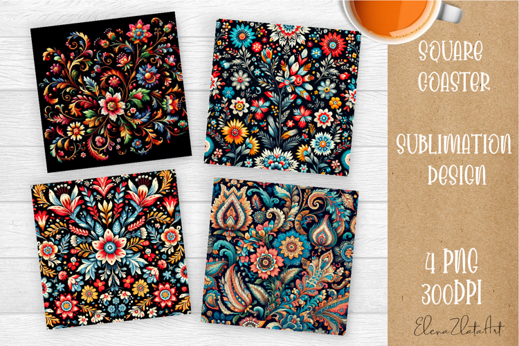 Folk flowers tile Coaster Design, Summer Coaster