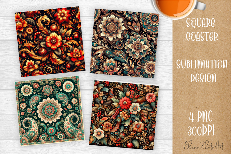 Folk flowers tile Coaster Design, Summer Coaster