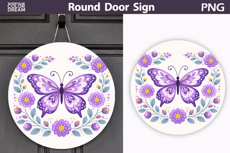 Butterfly Floral Round Sign PNG | Folk Butterfly Door Hanger