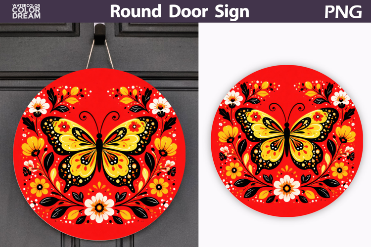 Butterfly Floral Round Sign PNG | Folk Butterfly Door Hanger