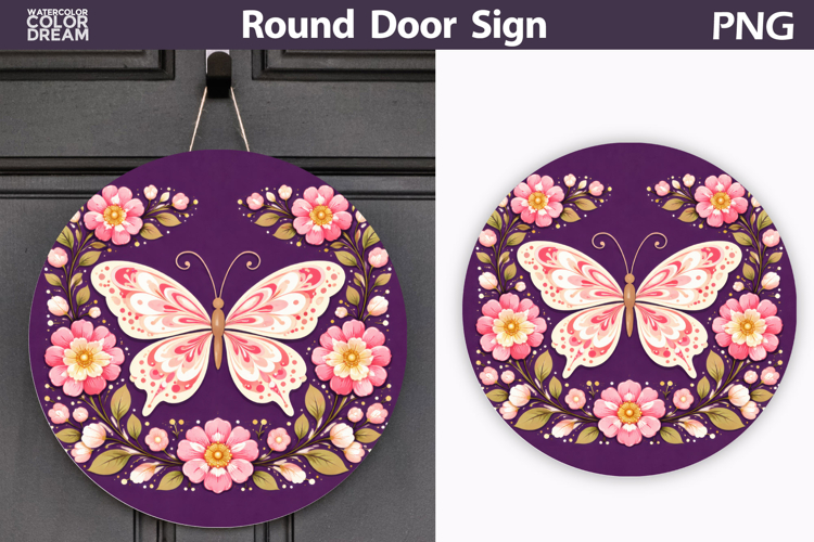 Butterfly Floral Round Sign PNG | Folk Butterfly Door Hanger