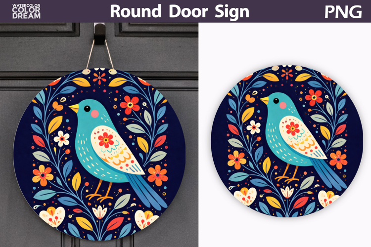 Spring Bird Floral Round Sign PNG | Folk Bird Door Hanger