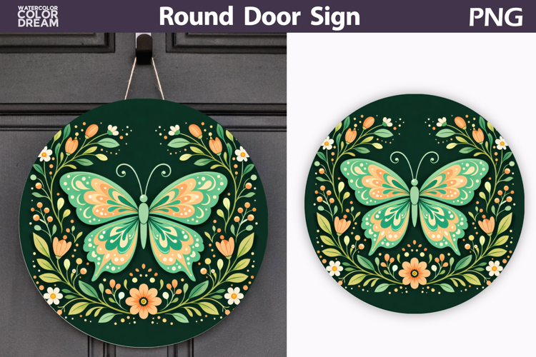 Butterfly Floral Round Sign PNG | Folk Butterfly Door Hanger