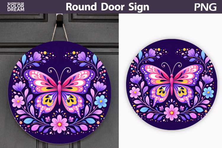 Butterfly Floral Round Sign PNG | Folk Butterfly Door Hanger