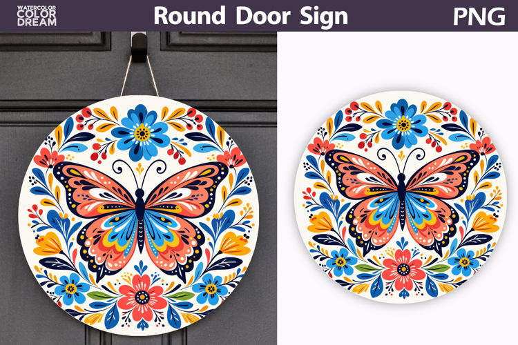 Butterfly Floral Round Sign PNG | Folk Butterfly Door Hanger