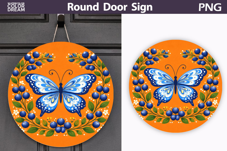 Butterfly Floral Round Sign PNG | Folk Butterfly Door Hanger