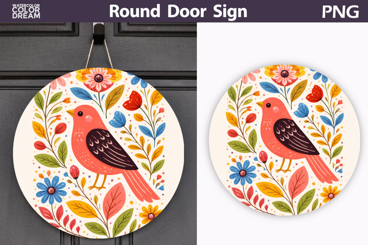 Spring Bird Floral Round Sign PNG | Folk Bird Door Hanger