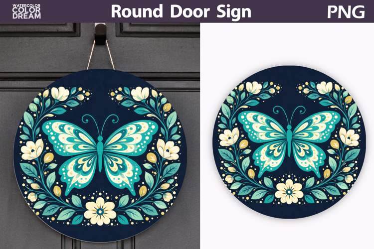 Butterfly Floral Round Sign PNG | Folk Butterfly Door Hanger