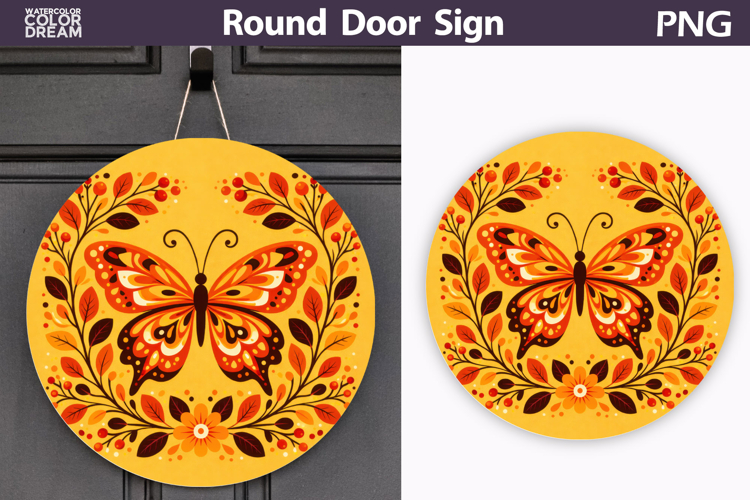 Butterfly Floral Round Sign PNG | Folk Butterfly Door Hanger