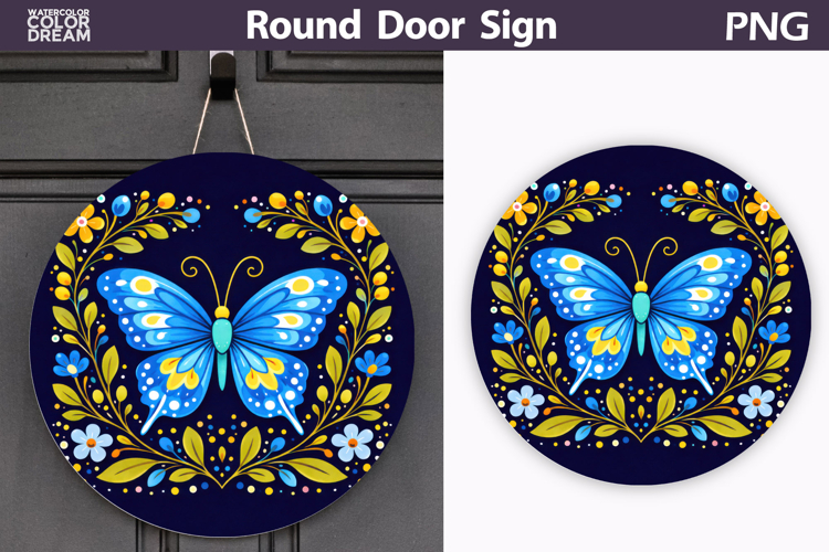 Butterfly Floral Round Sign PNG | Folk Butterfly Door Hanger