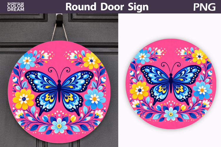 Butterfly Floral Round Sign PNG | Folk Butterfly Door Hanger