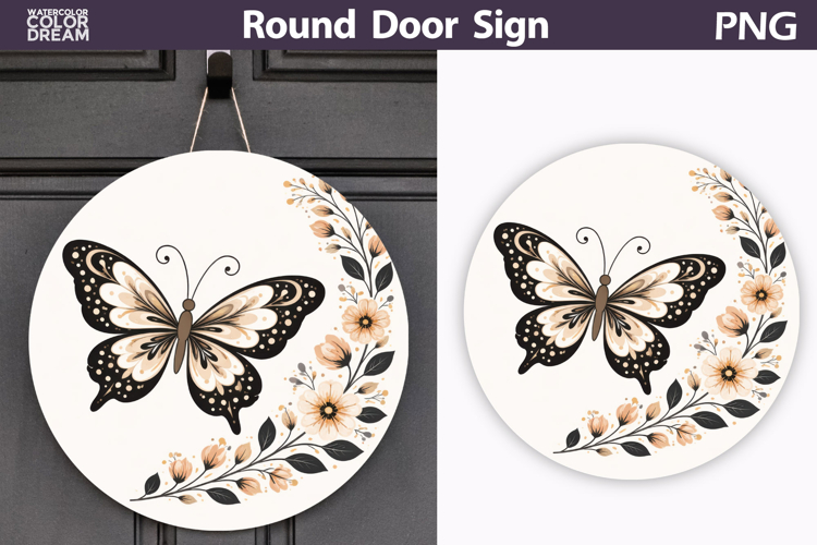 Butterfly Floral Round Sign PNG | Folk Butterfly Door Hanger