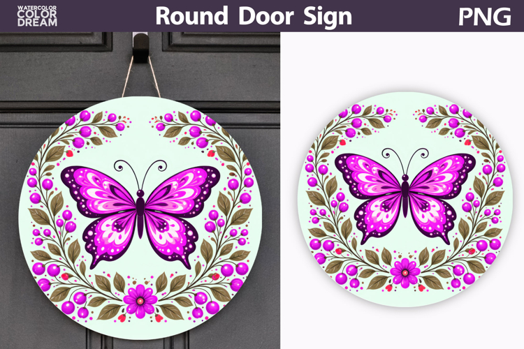 Butterfly Floral Round Sign PNG | Folk Butterfly Door Hanger
