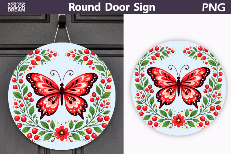 Butterfly Floral Round Sign PNG | Folk Butterfly Door Hanger