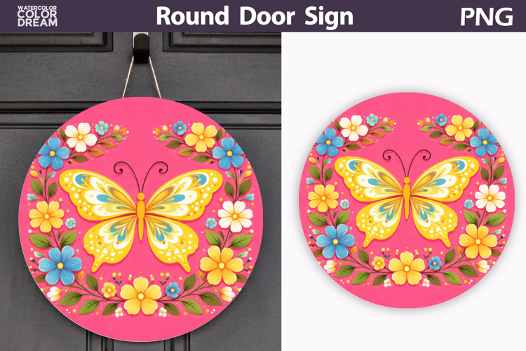 Butterfly Floral Round Sign PNG | Folk Butterfly Door Hanger