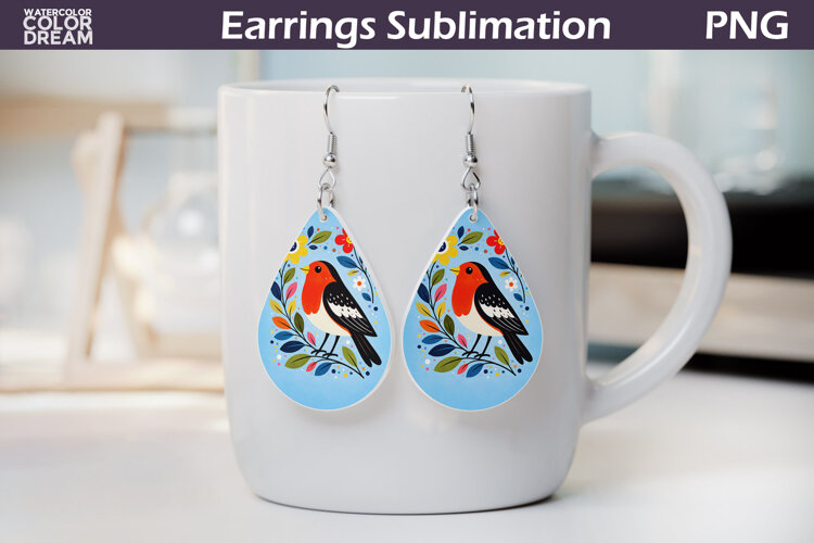 Folk Bird Floral Teardrop Earrings | Bird Botanical Earrings example image 1