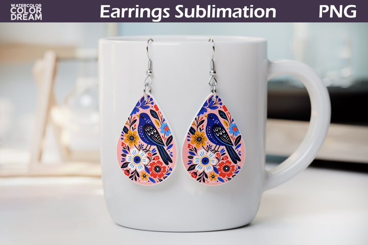 Folk Bird Floral Teardrop Earrings | Bird Botanical Earrings