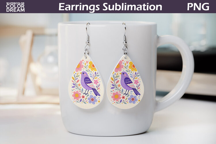 Folk Bird Floral Teardrop Earrings | Bird Botanical Earrings example image 1