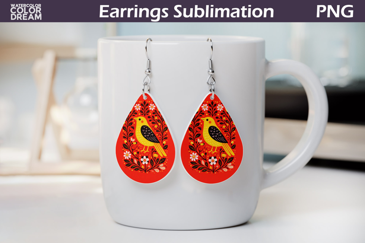 Folk Bird Floral Teardrop Earrings | Bird Botanical Earrings