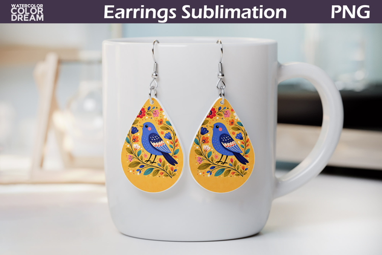Folk Bird Floral Teardrop Earrings | Bird Botanical Earrings