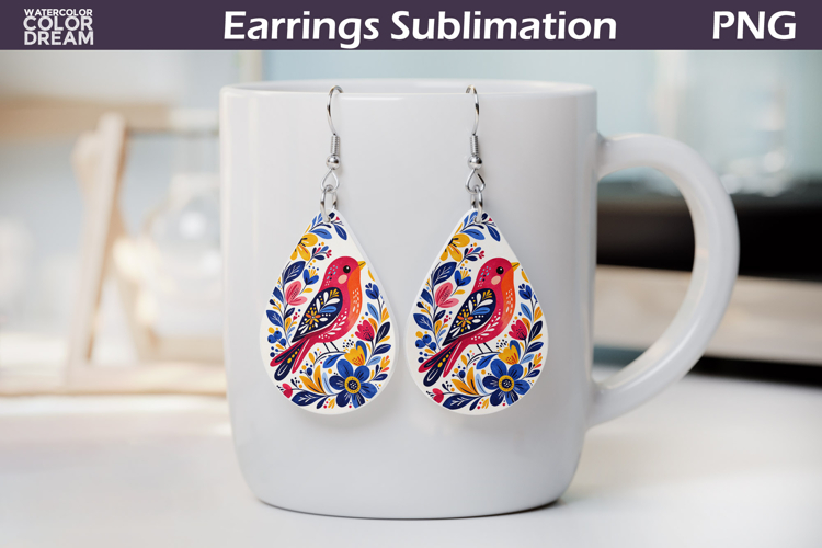 Folk Bird Floral Teardrop Earrings | Bird Botanical Earrings