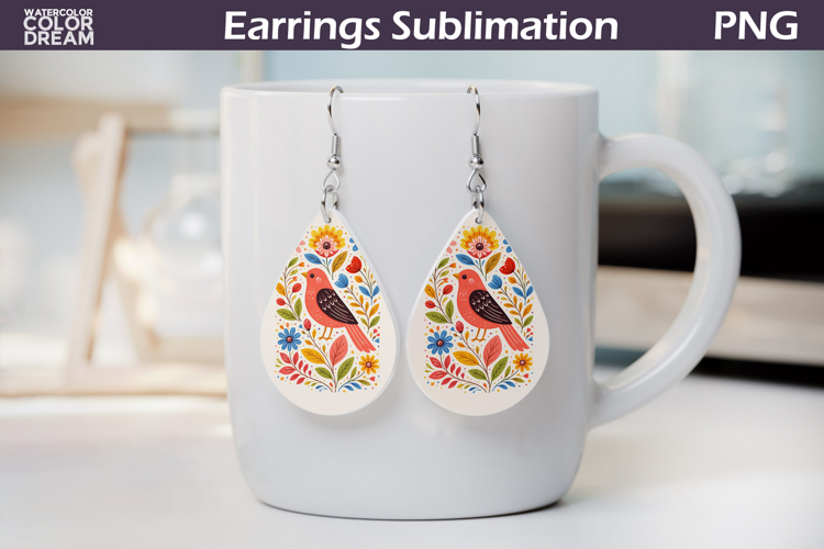 Folk Bird Floral Teardrop Earrings | Bird Botanical Earrings