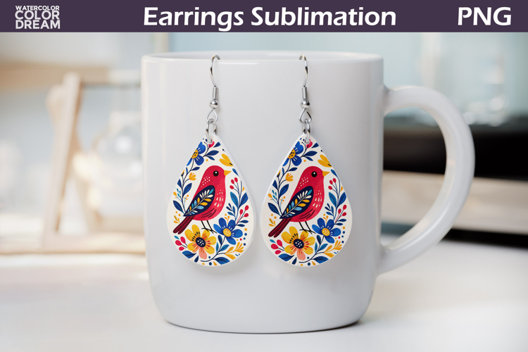 Folk Bird Floral Teardrop Earrings | Bird Botanical Earrings