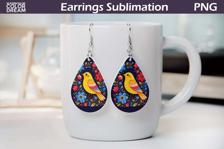 Folk Bird Floral Teardrop Earrings | Bird Botanical Earrings