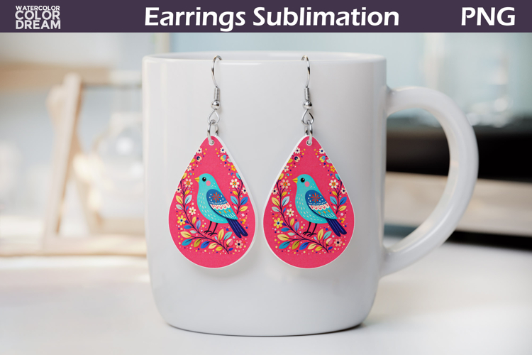 Folk Bird Floral Teardrop Earrings | Bird Botanical Earrings