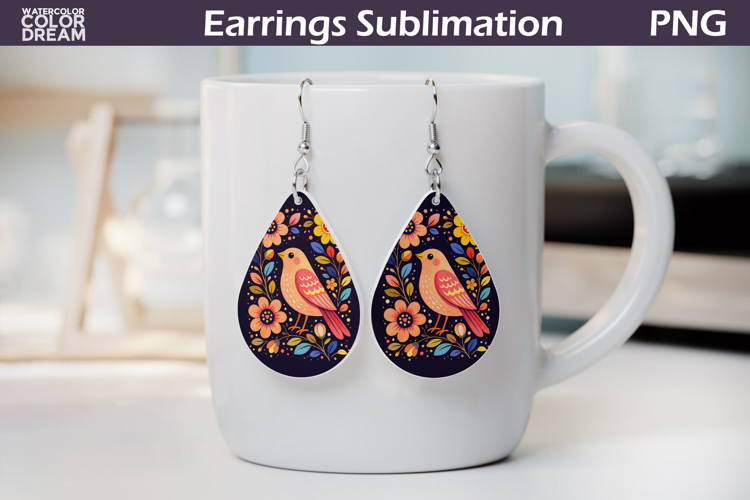 Folk Bird Floral Teardrop Earrings | Bird Botanical Earrings