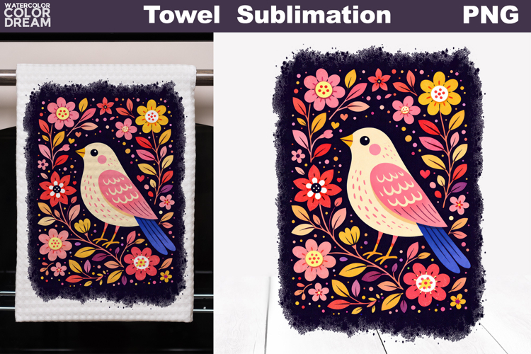 Folk Bird Floral Design | Towel Sublimation