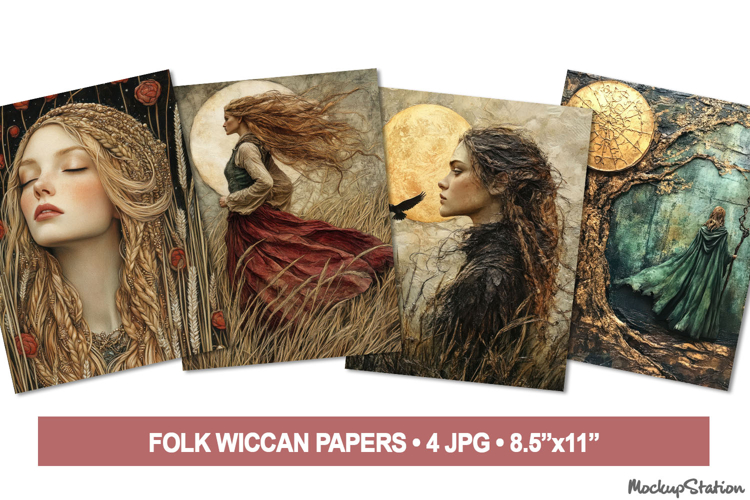 Vintage Pagan Folk Junk Journal Pages, Wiccan Green Witch