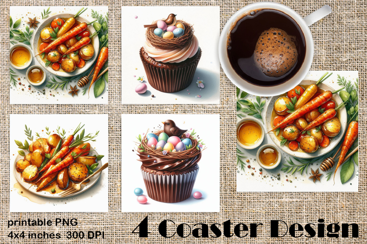 Easter food Coaster Design, carrots and buns PNG
