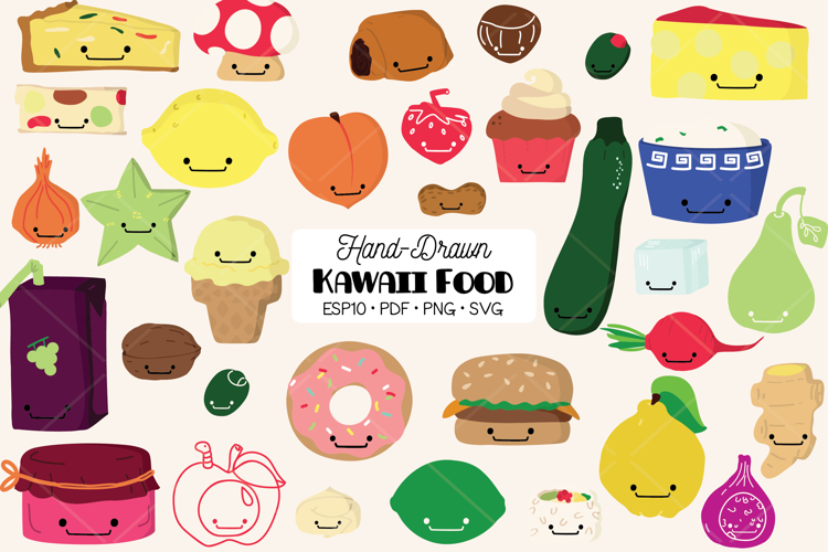 A-Z Food Kawaii | Colored Hand Drawn Fruit, Vegetable, Sweet