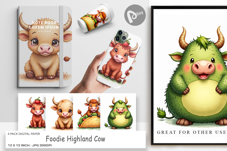 Foodie Highland Cow Digital Paper
