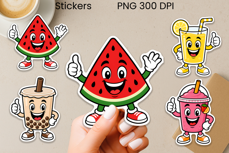 Funny cartoon fruits and fast food stickers printable
