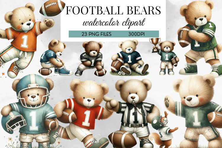 Football Bear Watercolor Clipart 23 PNG Files