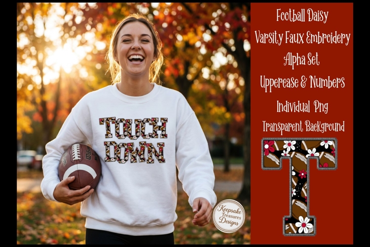Football Faux Embroidery Alphabet PNG, Sports Floral,